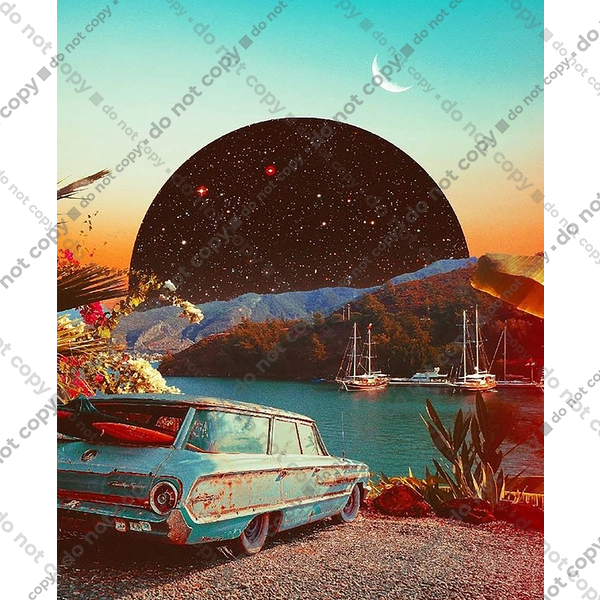 Картина, машина біля річки