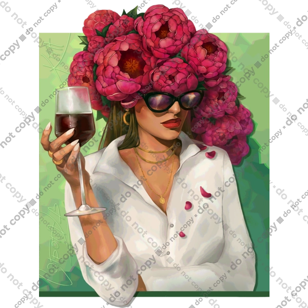 Girl with peonies and a glass
