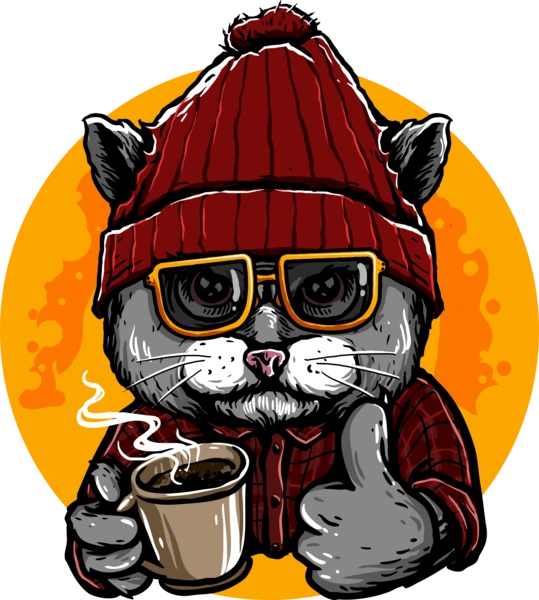 Кот в шапці і з чашкою кави