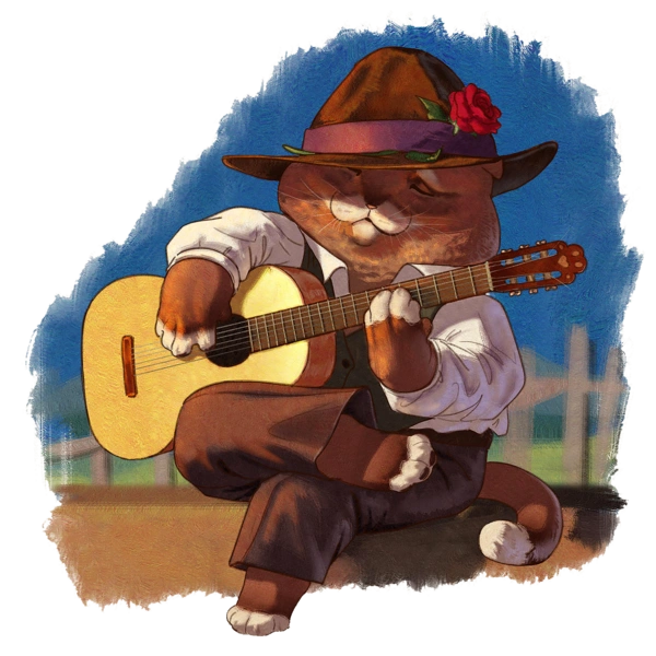 Кіт у капелюсі грає на гітарі