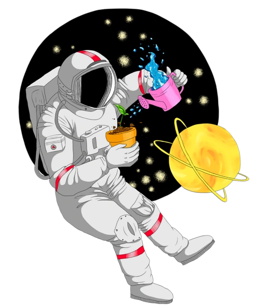 Космонавт у космосі поливає квіти