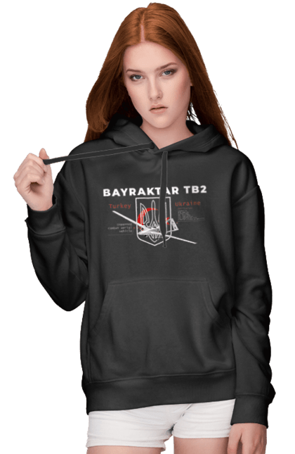 Жіноче худі з принтом "Bayraktar TB2". Bayraktar, caesar, himars, javelin, nlaw, patriot, weapon, zaluzhny. CustomPrint.market
