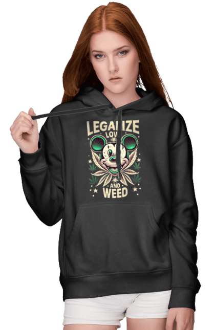 Жіноче худі з принтом "Legalize Love and Weed". Дізайн, міккі, мода, приколи, стиль. CustomPrint.market