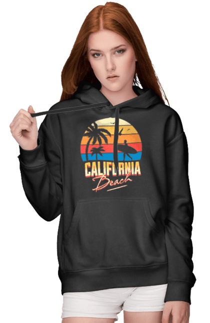 Жіноче худі з принтом "Каліфорнія Пляж Ретро Сонце". Відпочинок, відпустка, каліфорнія, літо, море, пляж, серфінг, сонце. CustomPrint.market
