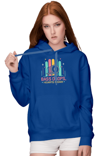 Жіноче худі з принтом "Bass Drops, Hearts Soar". Диджей, клуб, музика, стиль, техно. CustomPrint.market