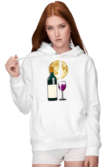 Жіноче худі з принтом "Червоне вино під Місяцем". Алкоголь, вино, диск, келих, коло, місяць, ніч, пляшка, романтика, світло, скло, чарка, червоне вино. ART принт на футболках