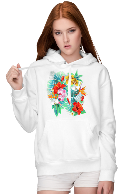 Жіноче худі з принтом "Тропічні квіти". Білий, букет, гібіскус, жовтий, зелений, квіти, квітка, композиція, листя, мальва, орхідея, природа, рожевий, тропіки, тропічні, червоний, яскраві. ART принт на футболках