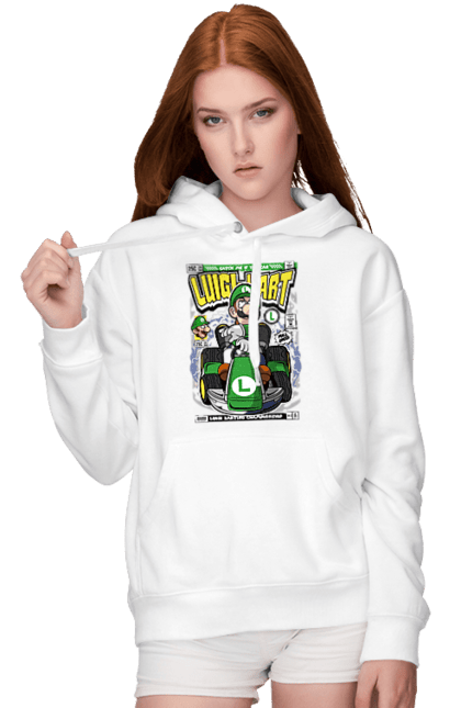 Жіноче худі з принтом "Luigi Karting". Nintendo, playstaion, автомобіль, гра, зелений маріо, луїджі, маріо. Funkotee