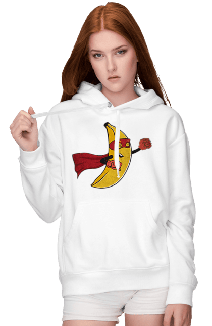 Жіноче худі з принтом "Банан Супермен". Банан, малюнок, месники, мультфільм, супер, супер герой, супермен, фрукт. CustomPrint.market