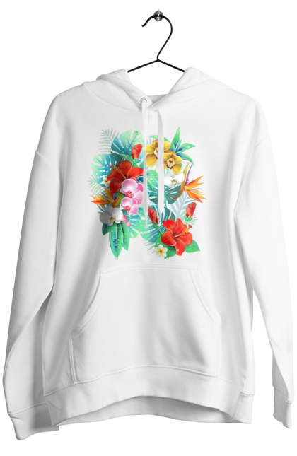 Жіноче худі з принтом "Тропічні квіти". Білий, букет, гібіскус, жовтий, зелений, квіти, квітка, композиція, листя, мальва, орхідея, природа, рожевий, тропіки, тропічні, червоний, яскраві. ART принт на футболках