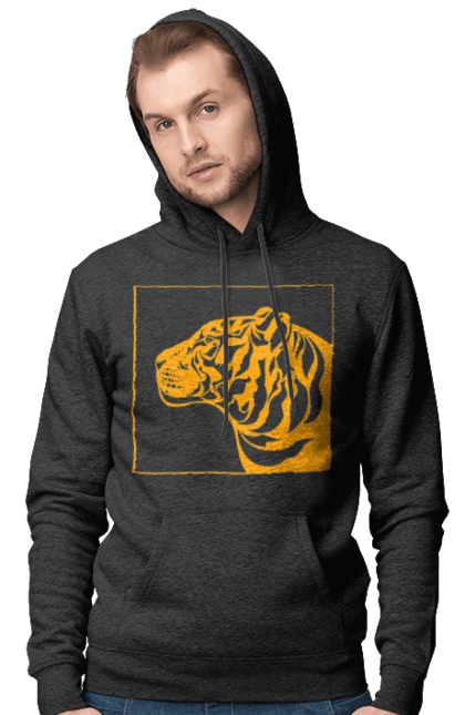 Чоловіче худі з принтом "Тигр помаранчевий профіль". Велика кішка, великий кіт, голова, дика природа, дикий, звір, погляд, портрет, природа, стилізація, тварина, тигр, хижак. ART принт на футболках