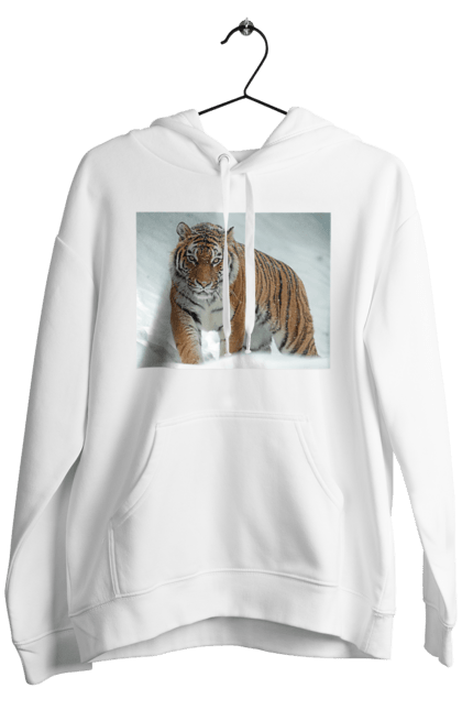 Чоловіче худі з принтом "Тигр у снігу". Велика кішка, великий кіт, дика природа, дикий, звір, зуби, погляд, портрет, природа, стилізація, тварина, тигр, хижак. ART принт на футболках