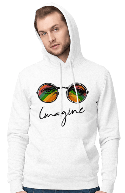 Чоловіче худі з принтом "Imagine". 1971, beatles, візитна картка, грає на фортепіано, джон ленон, ленон в окулярах, ліверпульська четвірка, пісня джона ленона, рок 60 х, рок 70 х, рок група. ART принт на футболках