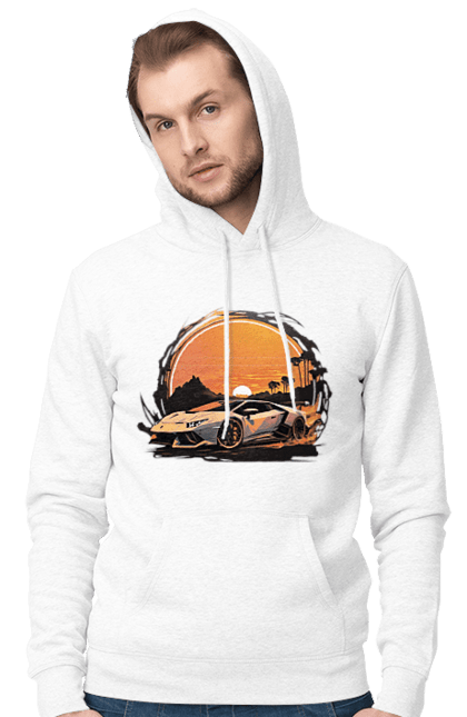 Чоловіче худі з принтом "Ламборджині на заході сонця". Авто, автомобіль, ламборджині, машина, машини. ART принт на футболках