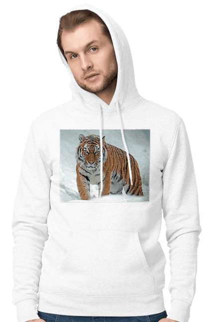 Чоловіче худі з принтом "Тигр у снігу". Велика кішка, великий кіт, дика природа, дикий, звір, зуби, погляд, портрет, природа, стилізація, тварина, тигр, хижак. ART принт на футболках