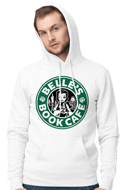 Чоловіче худі з принтом "Starbucks Белль". Белль, діснеївська прицеса, дісней, кава, красуня і чудовисько, логотип, мюзикл, старбакс, фільм. ART принт на футболках