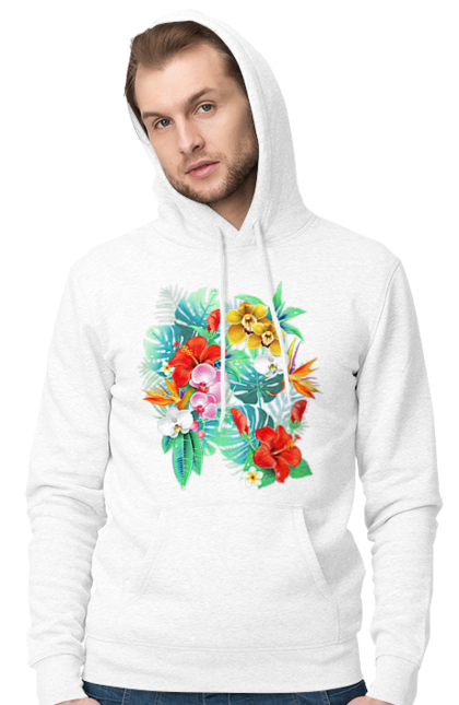 Чоловіче худі з принтом "Тропічні квіти". Білий, букет, гібіскус, жовтий, зелений, квіти, квітка, композиція, листя, мальва, орхідея, природа, рожевий, тропіки, тропічні, червоний, яскраві. ART принт на футболках