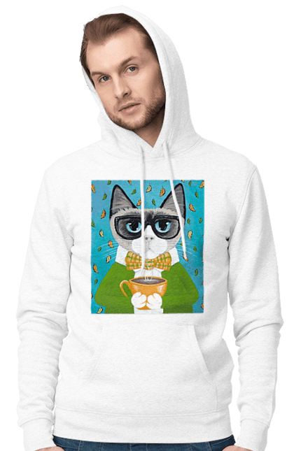 Чоловіче худі з принтом "Кот в светрі і окулярах п'є каву". Кава, кіт, листя, окуляри, осінь, светр. ART принт на футболках