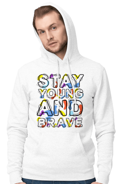Чоловіче худі з принтом "Залишайся молодим і сміливим". Залишайся молодим, молодість, мужність, сміливість. KRUTO.  Магазин популярних футболок