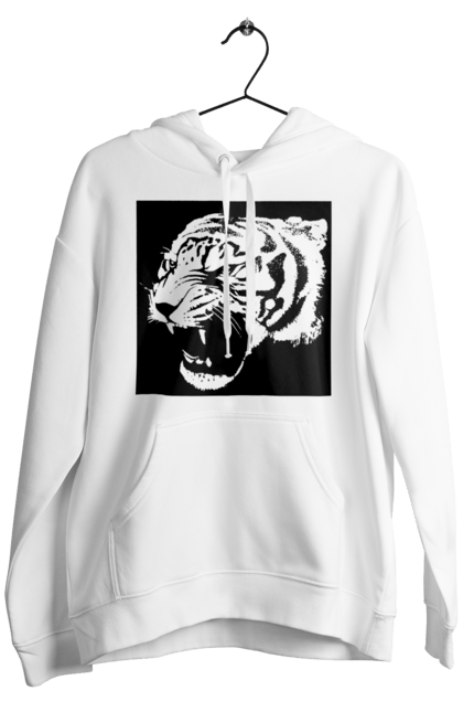 Чоловіче худі з принтом "Тигр моно чорний". Велика кішка, великий кіт, дика природа, дикий, звір, зуби, паща, погляд, портрет, природа, стилізація, тварина, тигр, хижак. ART принт на футболках