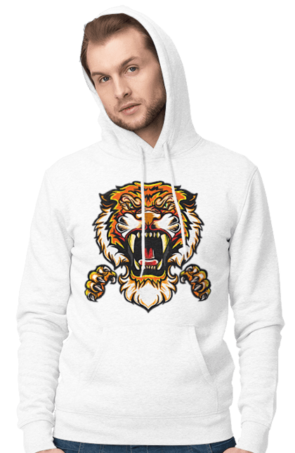 Чоловіче худі з принтом "Східний тигр". Велика кішка, великий кіт, дика природа, дикий, звір, зуби, паща, погляд, портрет, природа, стилізація, тварина, тигр, хижак. ART принт на футболках