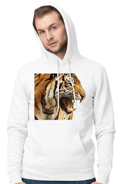 Чоловіче худі з принтом "Тигр". Велика кішка, великий кіт, дика природа, дикий, звір, зуби, паща, погляд, портрет, природа, стилізація, тварина, тигр, хижак. ART принт на футболках
