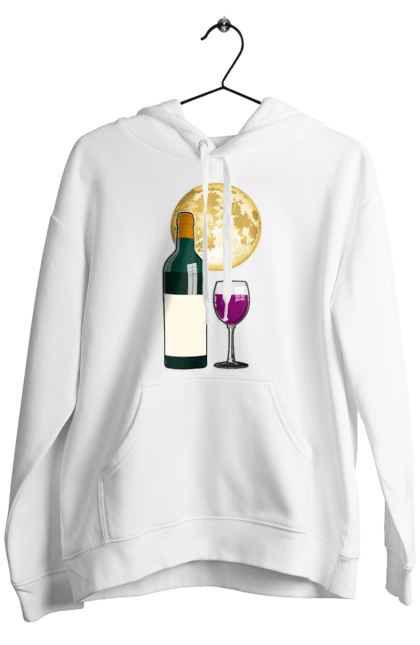 Чоловіче худі з принтом "Червоне вино під Місяцем". Алкоголь, вино, диск, келих, коло, місяць, ніч, пляшка, романтика, світло, скло, чарка, червоне вино. ART принт на футболках
