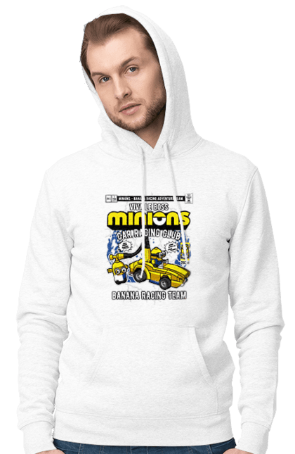 Чоловіче худі з принтом "Minions Banana Racing Car". Банан, гоночний автомобіль, міньйон, міньйони. Funkotee