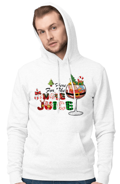 Чоловіче худі з принтом "Here For The Jingle Juice". Бокал, вино, новій рік, подарунки, різдво, свято, ялинка. CustomPrint.market