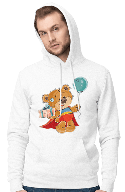 Чоловіче худі з принтом "Ведмедик з кулькою". Медвеженок, плащ, повітряну кульку, подарунок, супермен. ART принт на футболках