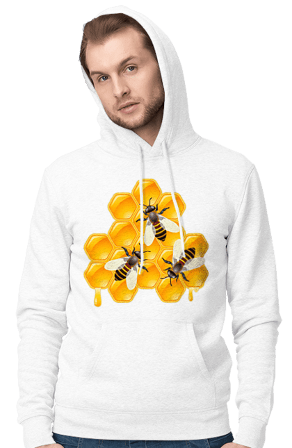 Чоловіче худі з принтом "Бджоли І Соті". Бджоли, мед, стільники. Піно