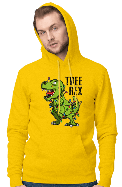 Чоловіче худі з принтом "Новий рік Tree Rex". Гірлянда, динозавр, новий рік, свято, тиранозавр. CustomPrint.market
