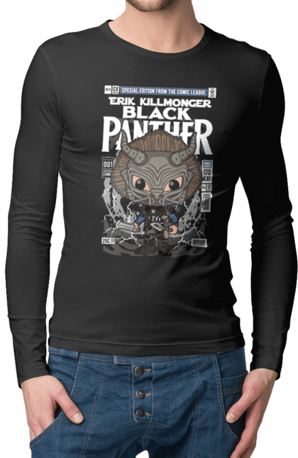 Чоловічій лонгслів з принтом "Erik Killmonger (Black Panther)". Дивуватися, ерік, комікси, пантера, торговець вбивцями, чорна пантера, чорний. Funkotee