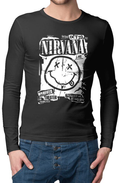 Чоловічій лонгслів з принтом "Nirvana San Francisco". Nirvana, важкий рок, любитель музики, меломан, музика, рок н ролл, фанк рок, хард рок. futbolka.stylus.ua