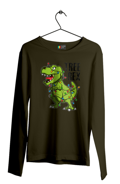 Чоловічій лонгслів з принтом "Новий рік Tree Rex". Гірлянда, динозавр, новий рік, свято, тиранозавр. CustomPrint.market