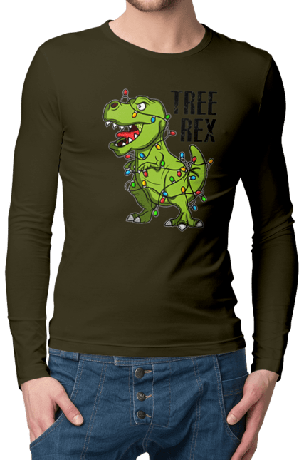 Чоловічій лонгслів з принтом "Новий рік Tree Rex". Гірлянда, динозавр, новий рік, свято, тиранозавр. CustomPrint.market