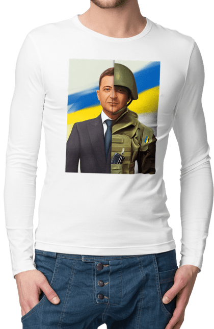 Чоловічій лонгслів з принтом "Володимир Зеленський воїн". Війна, воїн, господь, життя, зелений, зсу, йди на хуй, російський корабель, росія, смерть, україна. Піно