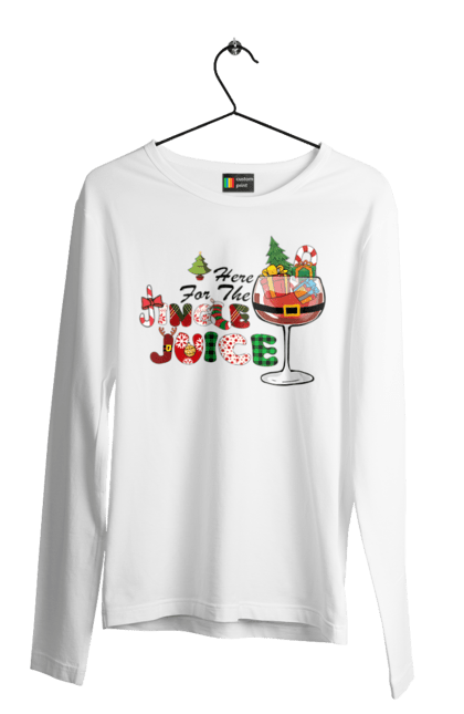 Чоловічій лонгслів з принтом "Here For The Jingle Juice". Бокал, вино, новій рік, подарунки, різдво, свято, ялинка. CustomPrint.market