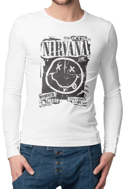 Чоловічій лонгслів з принтом "Nirvana San Francisco". Nirvana, важкий рок, любитель музики, меломан, музика, рок н ролл, фанк рок, хард рок. futbolka.stylus.ua