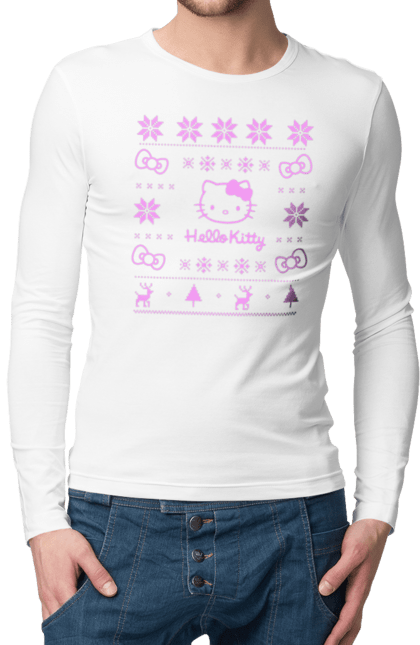 Чоловічій лонгслів з принтом "Hello Kitty". Hello kitty, бантик, візерунок, олень, светр з оленями, сніжинки, ялинка. CustomPrint.market