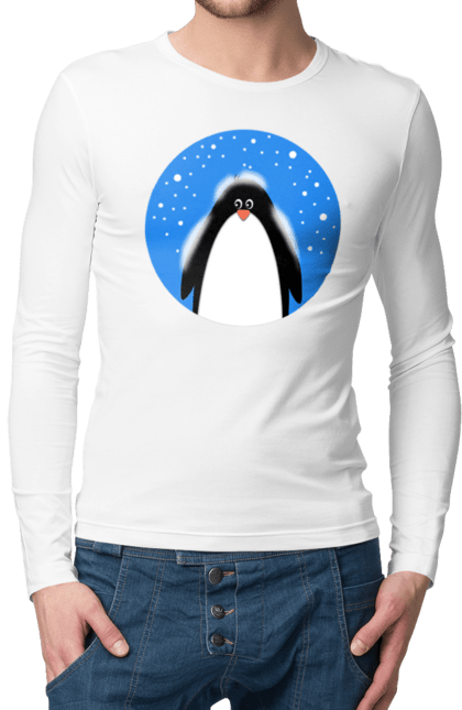 Чоловічій лонгслів з принтом "Пінгвін в снігу". Зима, новий рік, пінгвін, полюс, різдво, сніг. futbolka.stylus.ua