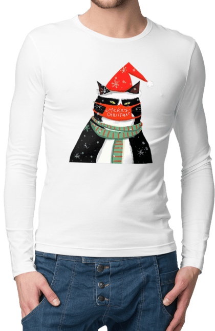 Чоловічій лонгслів з принтом "Різдвяний кіт у масці". Кіт, кіт в масці, кіт у масці, кішка, маска, новий рік, новорічний кіт, різвяний кіт, різдво, смішний кіт. futbolka.stylus.ua