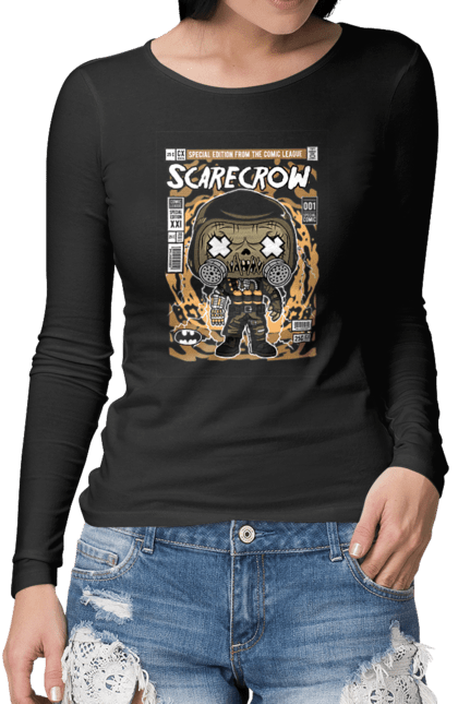 Жіночий лонгслів з принтом "Scarecrow Batman". Бетмен, кажан, комікси, комікси dc, король, людина, опудало, темний. Funkotee