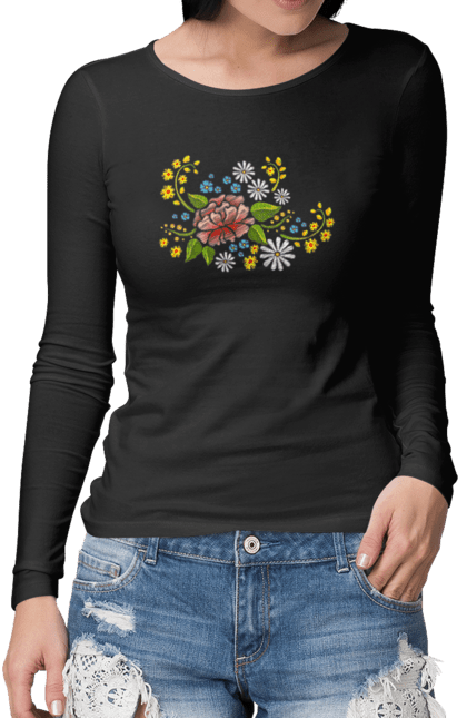 Жіночий лонгслів з принтом "Вишита квітка". Вишивка, квітка, розпис, україна. CustomPrint.market