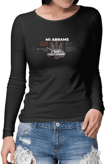 Жіночий лонгслів з принтом "M1 Abrams англійська". Abrams, m1 abrams, залужний, зброя, танк. CustomPrint.market