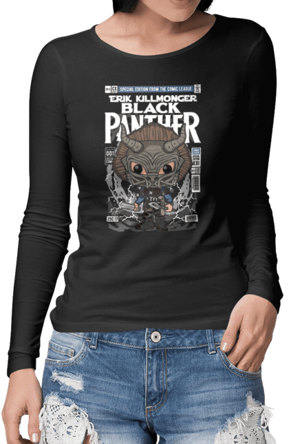 Жіночий лонгслів з принтом "Erik Killmonger (Black Panther)". Дивуватися, ерік, комікси, пантера, торговець вбивцями, чорна пантера, чорний. Funkotee