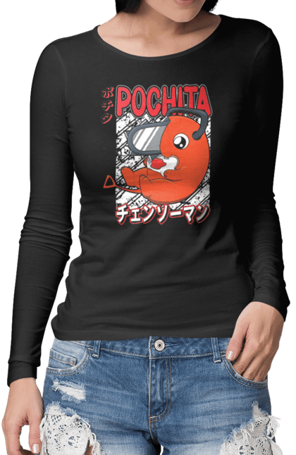 Жіночий лонгслів з принтом "Людина Бензопила Почіта". Anime, chainsaw man, manga, pochita, аніме, демон, людина-бензопила, манга, почіта, шьонен. futbolka.stylus.ua