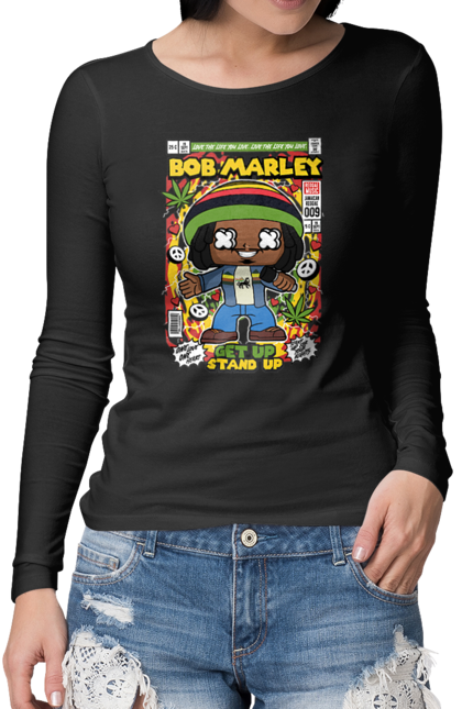 Жіночий лонгслів з принтом "Bob Marley". 420, боб, боб марлі, бур`ян, джаз, марлі, музика, реггі, хіпі. Funkotee