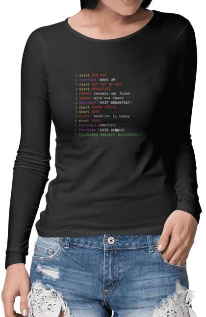 Жіночий лонгслів з принтом "Життя програміста". Angular, c, css, html, it, javascript, jquery, php, python, react, svelt, vue, айтишник, айті, гумор, код, кодувати, прогер, програміст, програмісти, ти ж, ти ж програміст, тиж програміст. aslan