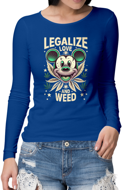 Жіночий лонгслів з принтом "Legalize Love and Weed". Дізайн, міккі, мода, приколи, стиль. CustomPrint.market